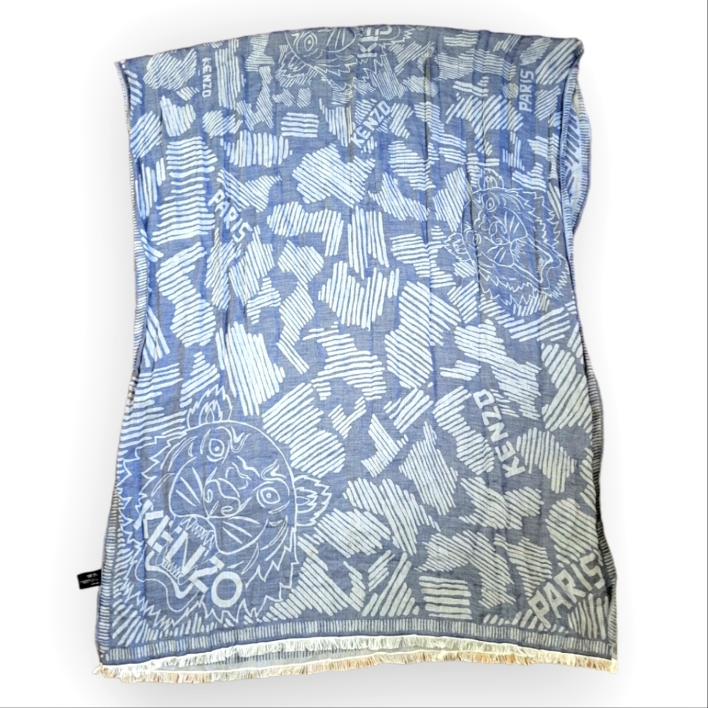 KENZO Paris Blue Tiger Head Silk Cotton Scarf